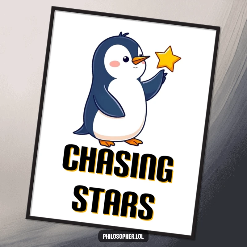 Funny penguin digital art print of a wise bird pointing at a star, ready for instant printing.