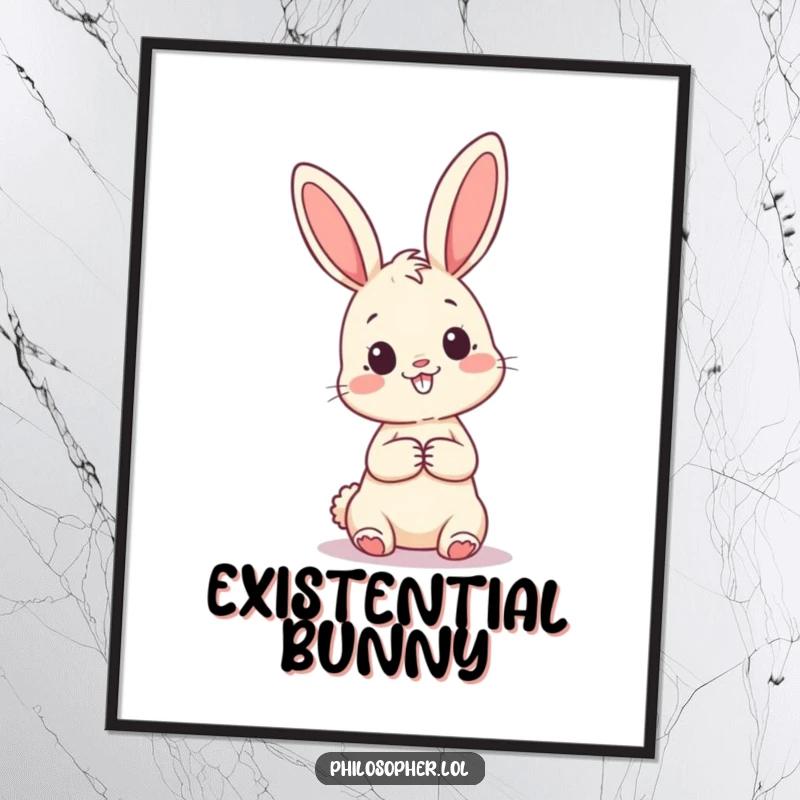 Funny digital art print of a happy bunny looking inquisitively at a giant question mark, symbolizing curiosity, thought, and playful wonder.