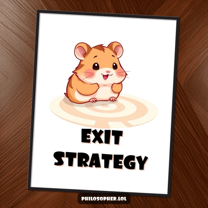 Funny hamster labyrinth digital art print: a smiling hamster observing a complex maze, symbolizing intellect and contemplation.