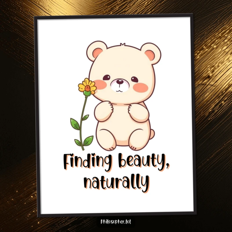 Funny bear digital art print, beaming bear gesturing thoughtfully towards a single flower, woodland art, instant download.