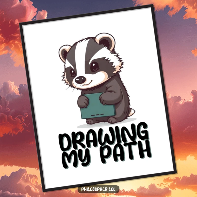 Funny digital art print of a determined badger intently sketching on a small chalkboard, celebrating focus and artistic passion.