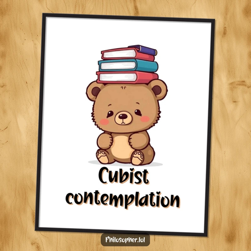 Funny bear cub balancing a stack of philosophy books on its head, digital art print, intellectual and humorous.