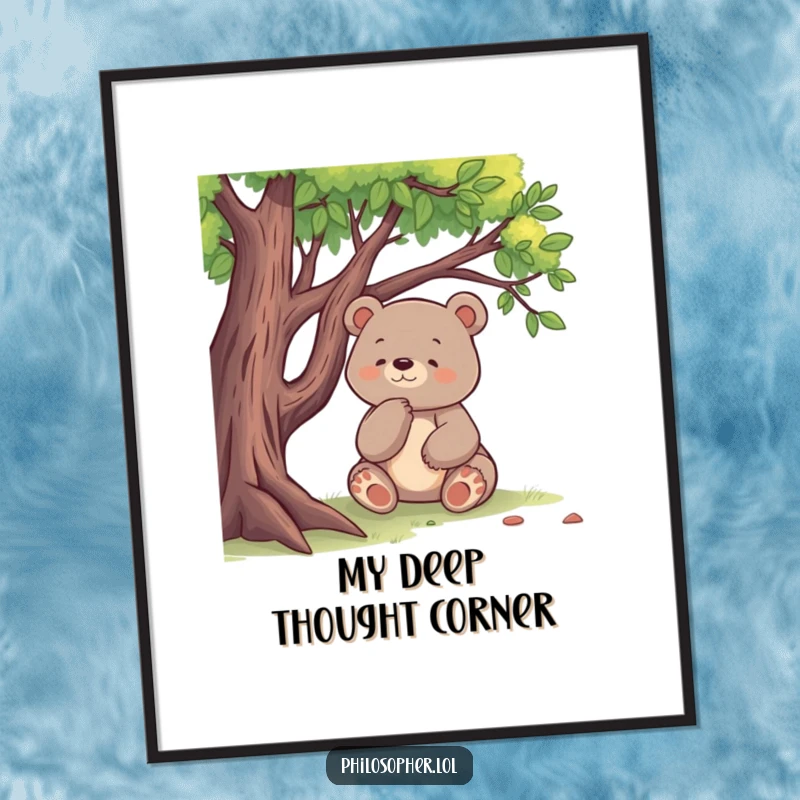 Funny digital art print of a happy bear sitting under a tree, deeply thinking, ideal for printable wall decor.