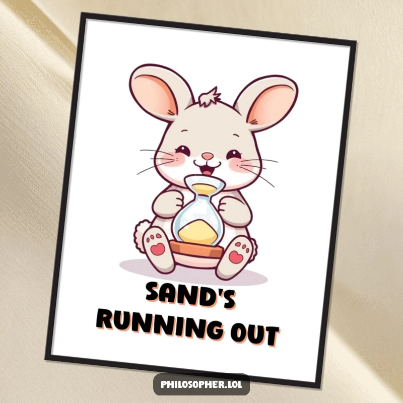 Funny Digital Art Print: Bouncing bunny watching an hourglass, high-resolution humorous artwork for instant, funny home decor.