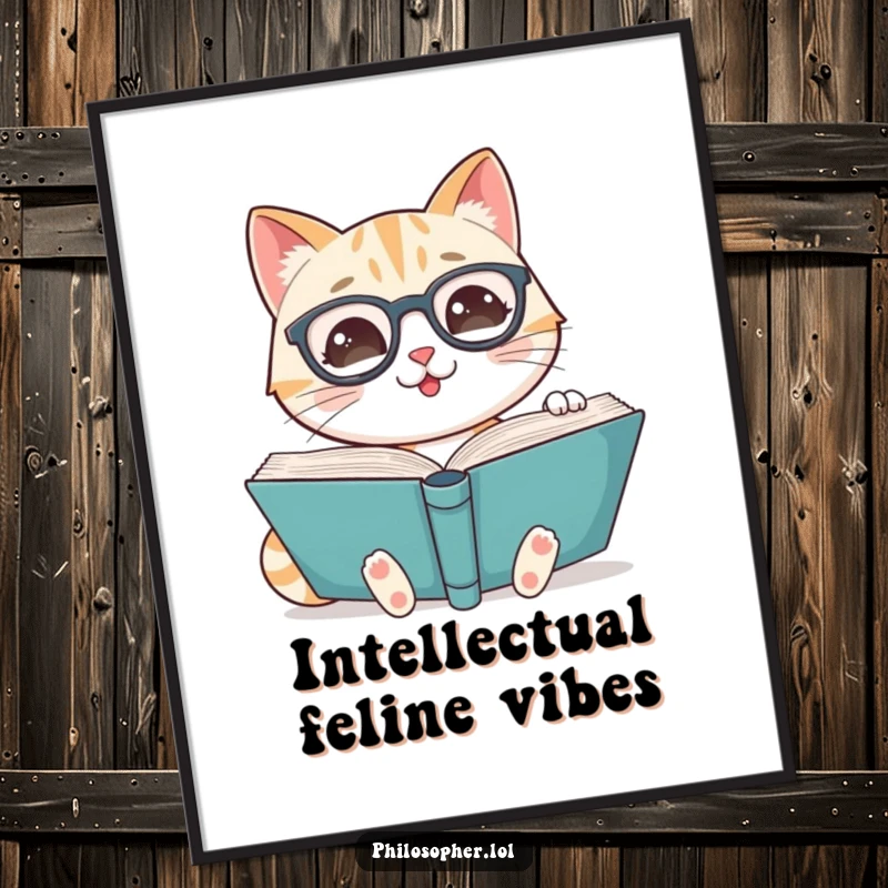 Funny digital art of a smiling cat wearing spectacles, reading a large book, representing wisdom and a love for literature.