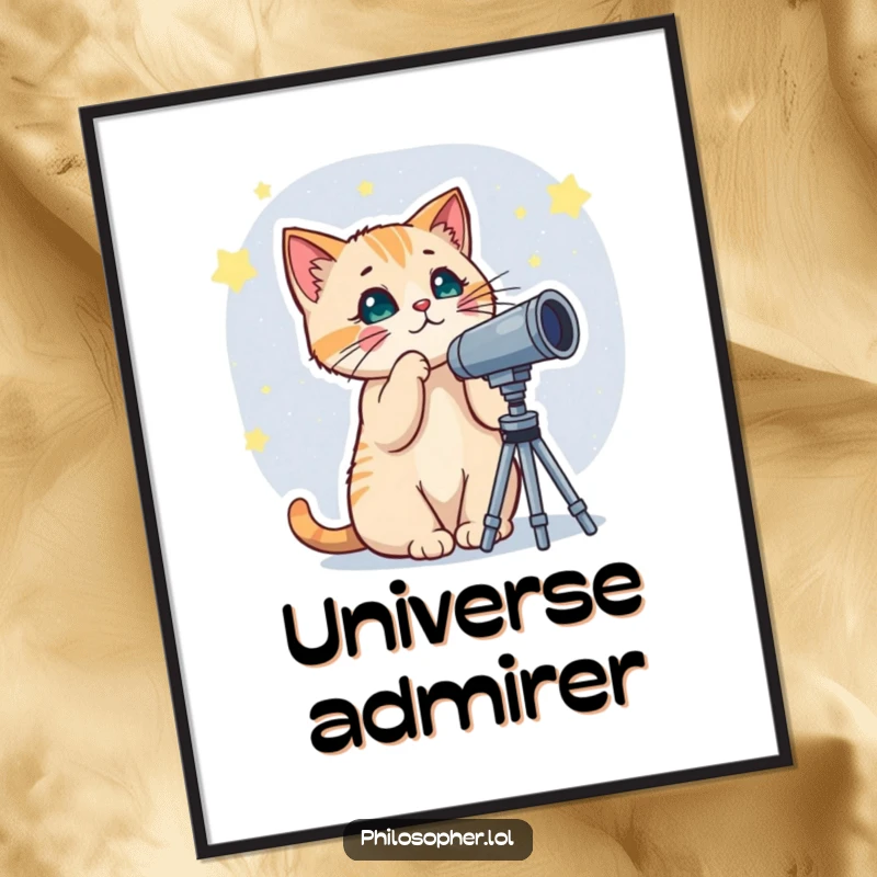 Funny digital art print of a curious cat peering through a telescope at a starry night sky, embodying wonder and the magic of the universe.