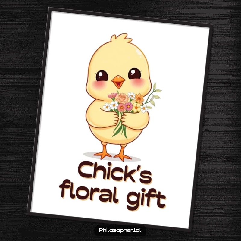 Funny cheerful chick, offering a tiny bouquet of flowers, as a printable digital art, full of whimsical charm and heartwarming joy.