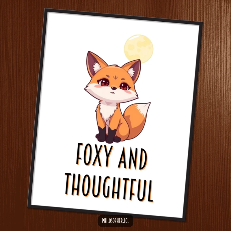Funny digital art print of a determined fox gazing at the moon with deep, humorous contemplation, ideal for instant thoughtful wall decor.