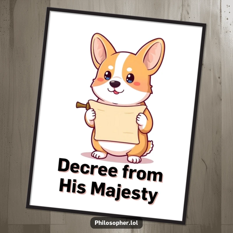 Funny corgi digital art print of a determined corgi holding a tiny scroll, a humorous and official wall decor piece.
