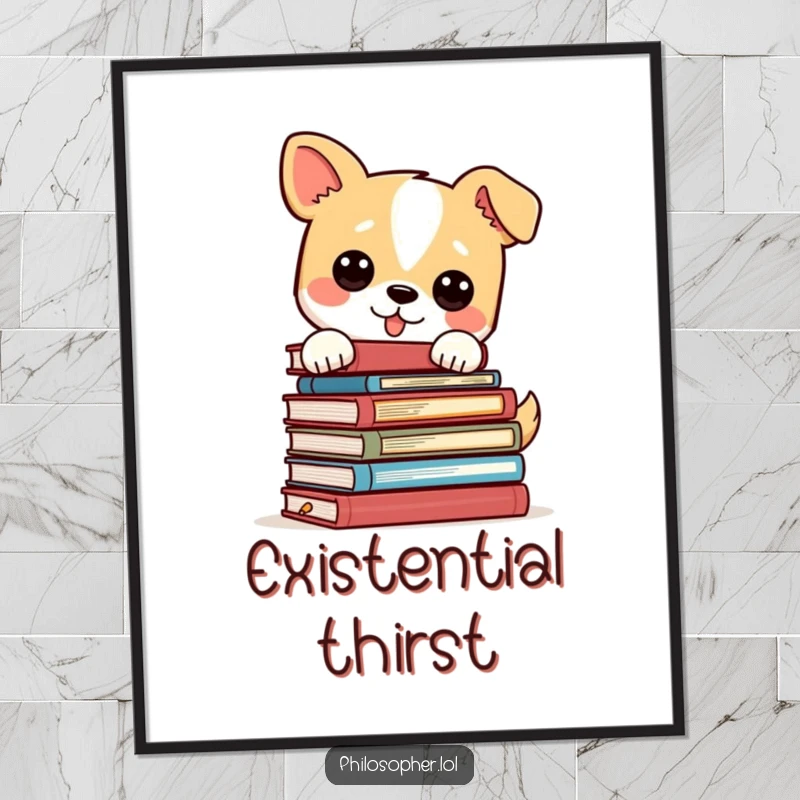 Funny dog balancing a stack of philosophy books, looking intelligent and amusing, a downloadable digital art print.
