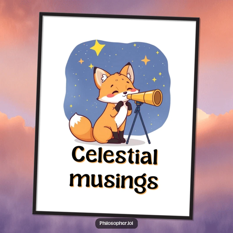 Funny Fox Digital Art: A curious fox gazes at the stars with a telescope. This humorous printable wall art is ready to frame, a funny gift.