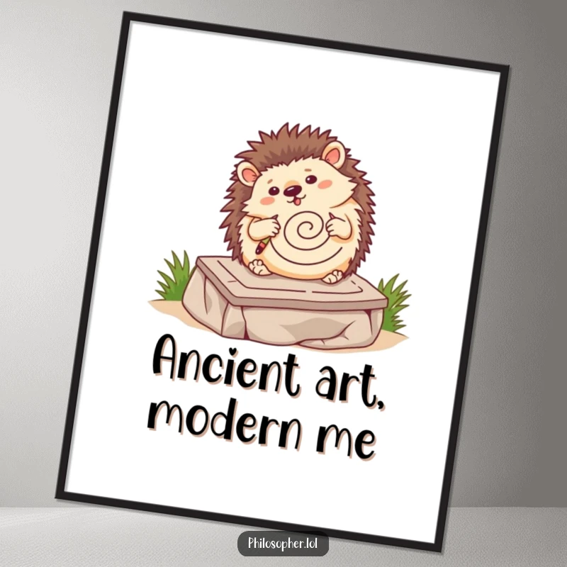 Funny hedgehog digital art print, wobbling hedgehog drawing a spiral on a stone tablet, quirky art illustration, instant download.
