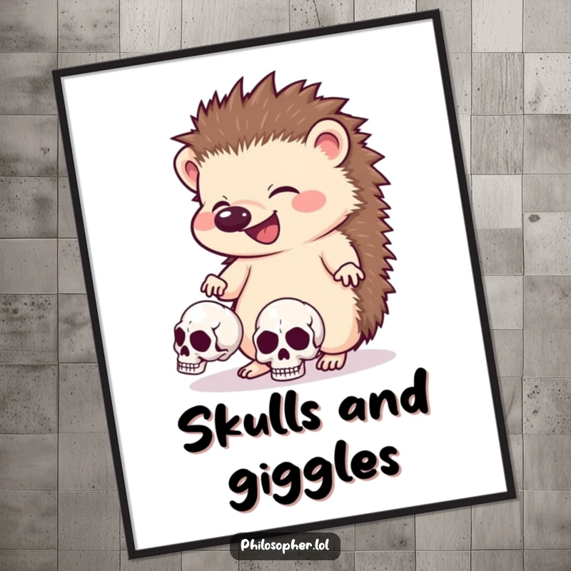 Funny hedgehog digital art print, digital download, giggling creature juggling skulls, spooky and humorous decor.