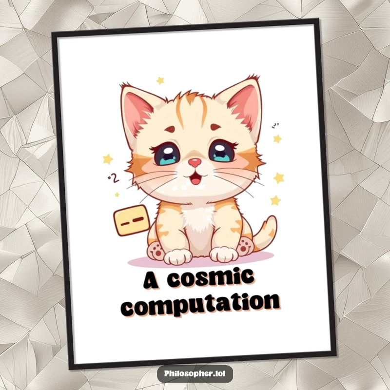 Funny kitten math equation digital art print of a happy kitten with starry eyes pondering a floating mathematical equation.
