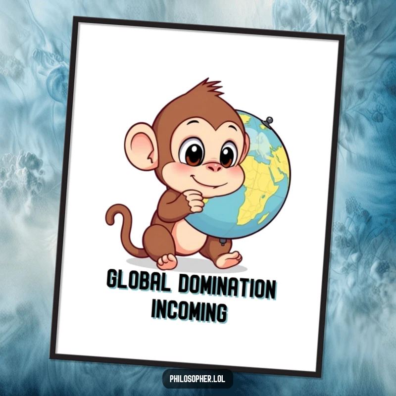Funny monkey digital art print, digital download, silly primate contemplating a spinning globe, humorous instant wall decor.