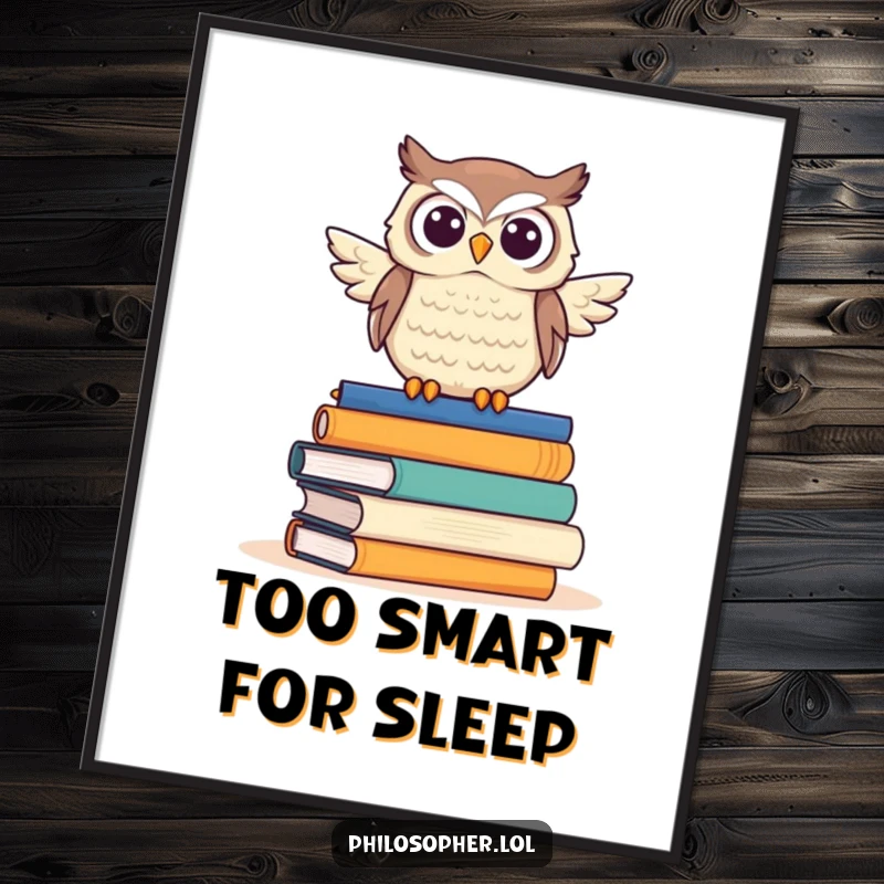 Funny owl digital art print, featuring a proud owl sitting on a stack of books, radiating intelligence and humor.