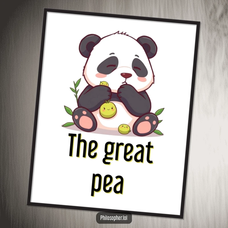 Funny digital art print of a panda with intense focus on a single pea, offering instant humorous decor.
