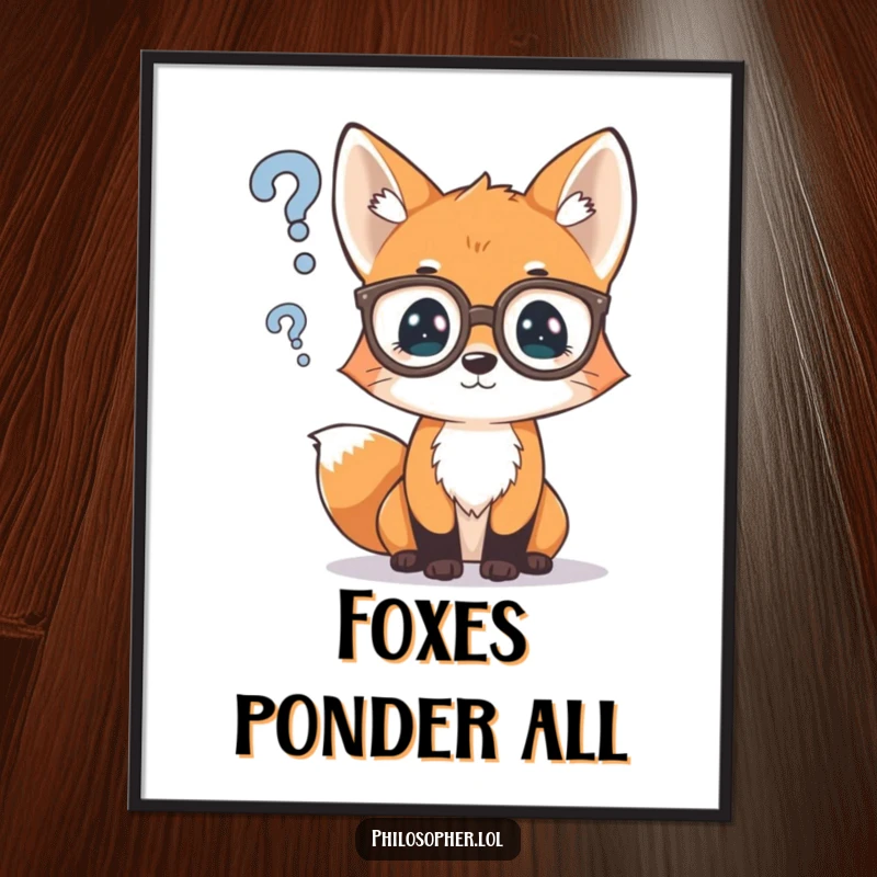 Funny digital art print of a curious fox cub wearing spectacles, pondering a question mark, adding a touch of intellectual humor.