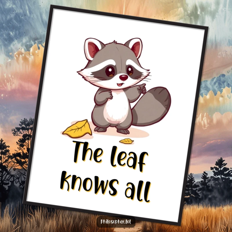 Funny digital art print of a mischievous raccoon pointing excitedly at a fallen leaf, searching for its deeper meaning. Instant art.