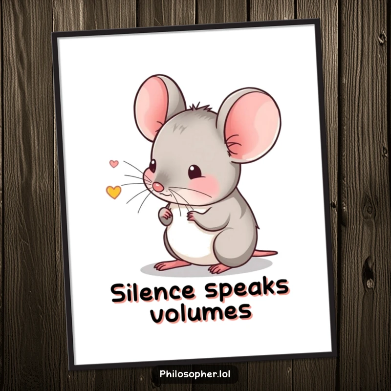Funny digital art print of a shy mouse intently listening to a tiny echo, conveying quiet thought, instant download.