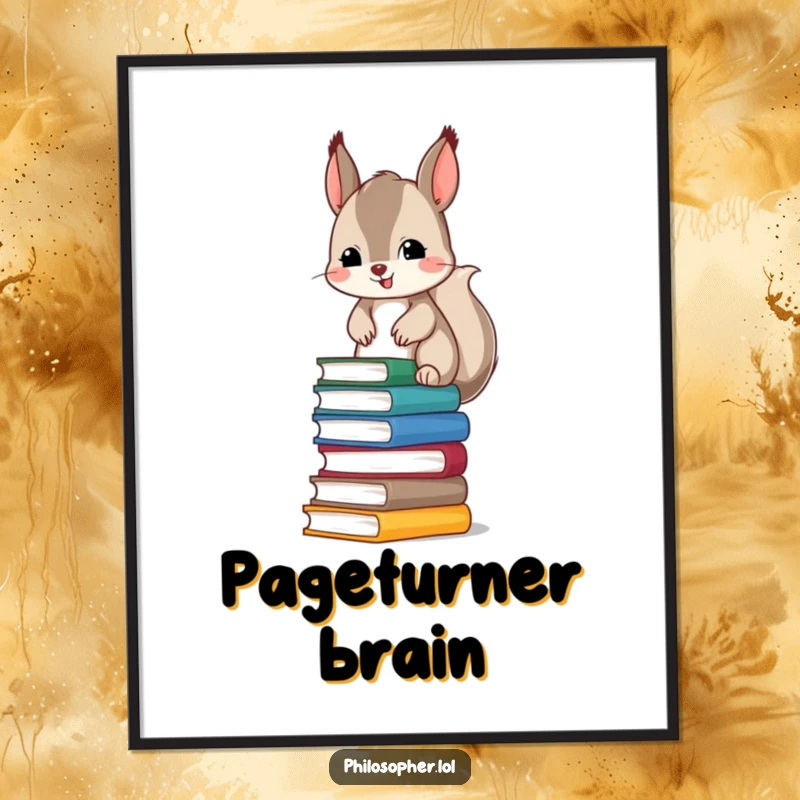 Funny digital art print of a mischievous squirrel balancing a tall stack of books, conveying a playful and humorous artistic expression.