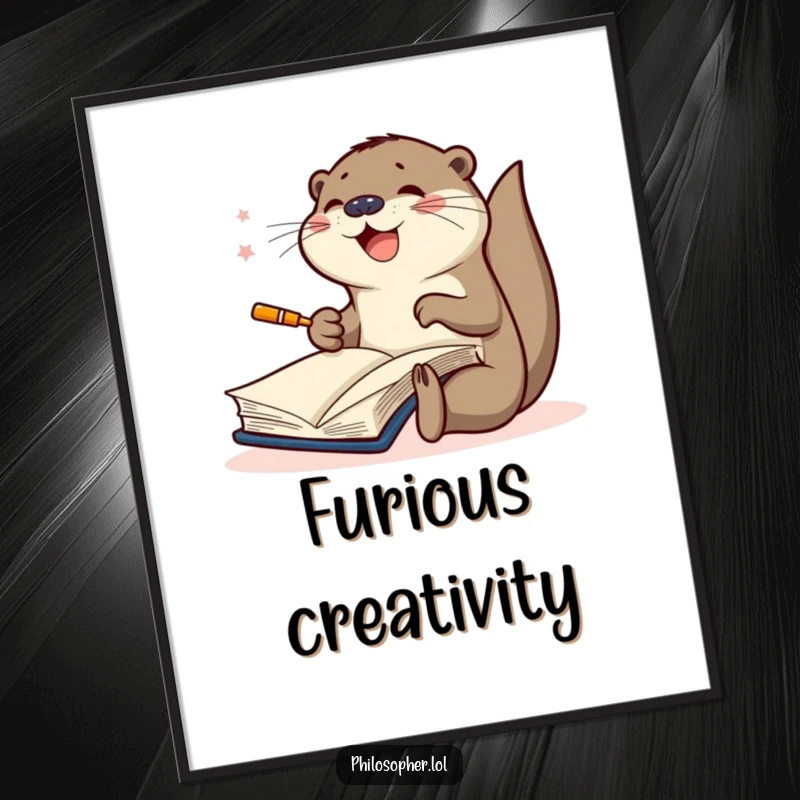 Funny digital art print of a joyful otter furiously scribbling in a large book, capturing intense focus and artistic dedication.