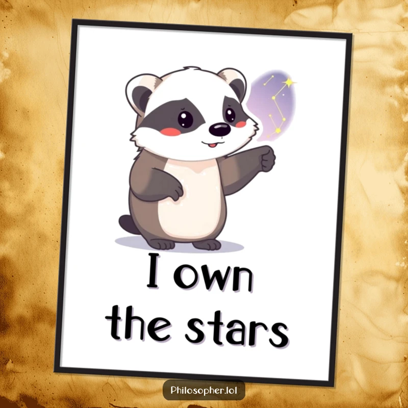 Funny badger digital art print, digital download, proud animal pointing at constellations, magical night sky decor.