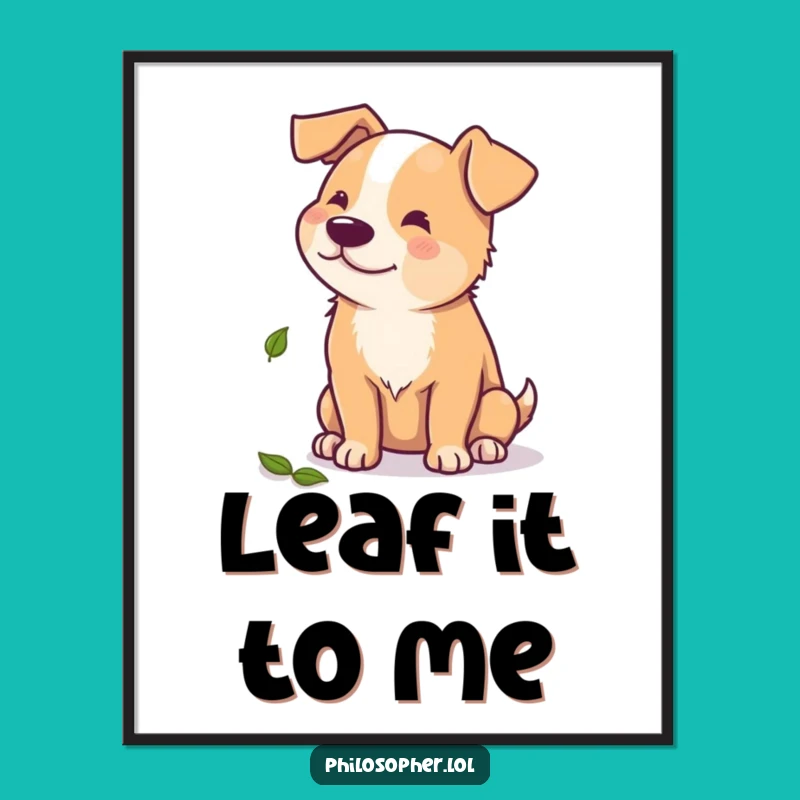 Funny Dog Digital Art: Beaming Pup Pondering Leaf, Whimsical Home Decor Gift