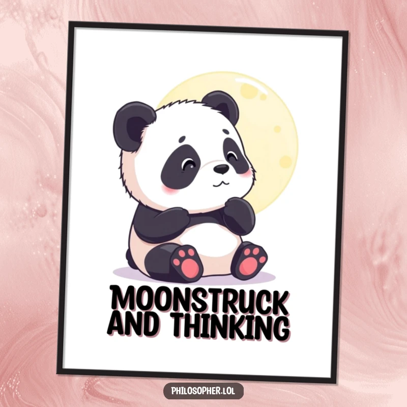 Funny digital art print of a contented panda cub gazing thoughtfully at the moon, symbol of peaceful dreams. Instant art. Gift.