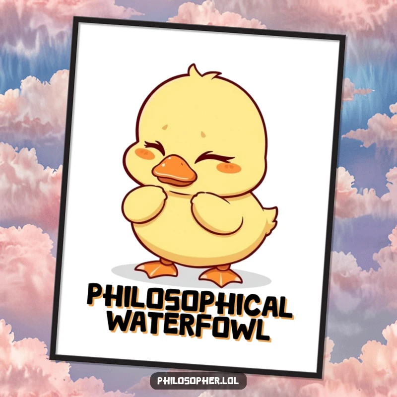 Funny duckling digital art print of a wobbly duckling deeply thinking with furrowed brows, a humorous and contemplative download.