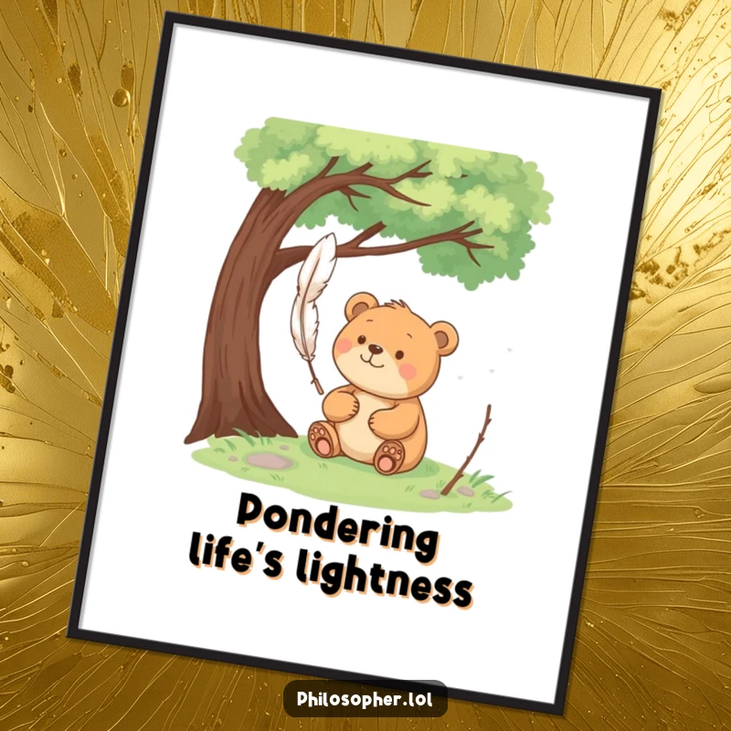 Funny happy bear sits under a tree, pondering a floating feather, a digital art print of serene contemplation.
