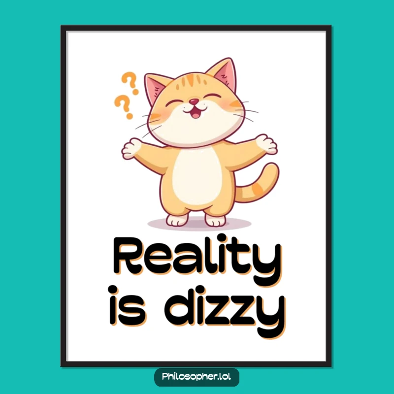 Funny Cat Digital Art: Giggling Kitty Questioning Reality, Surreal Print Gift