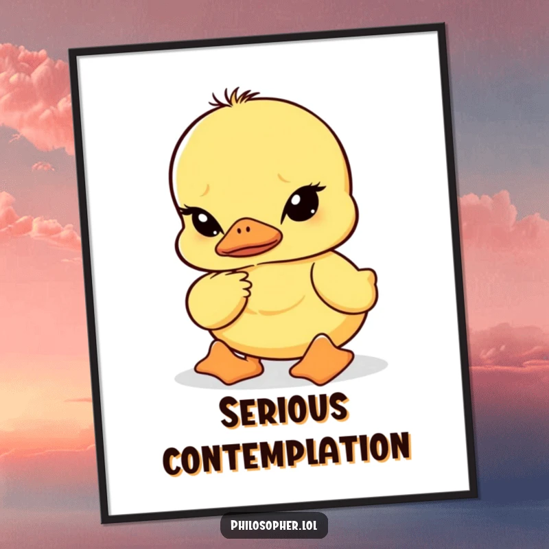 Funny digital art print of a duckling with furrowed brows in deep thought, conveying comical contemplation and intellectual charm.