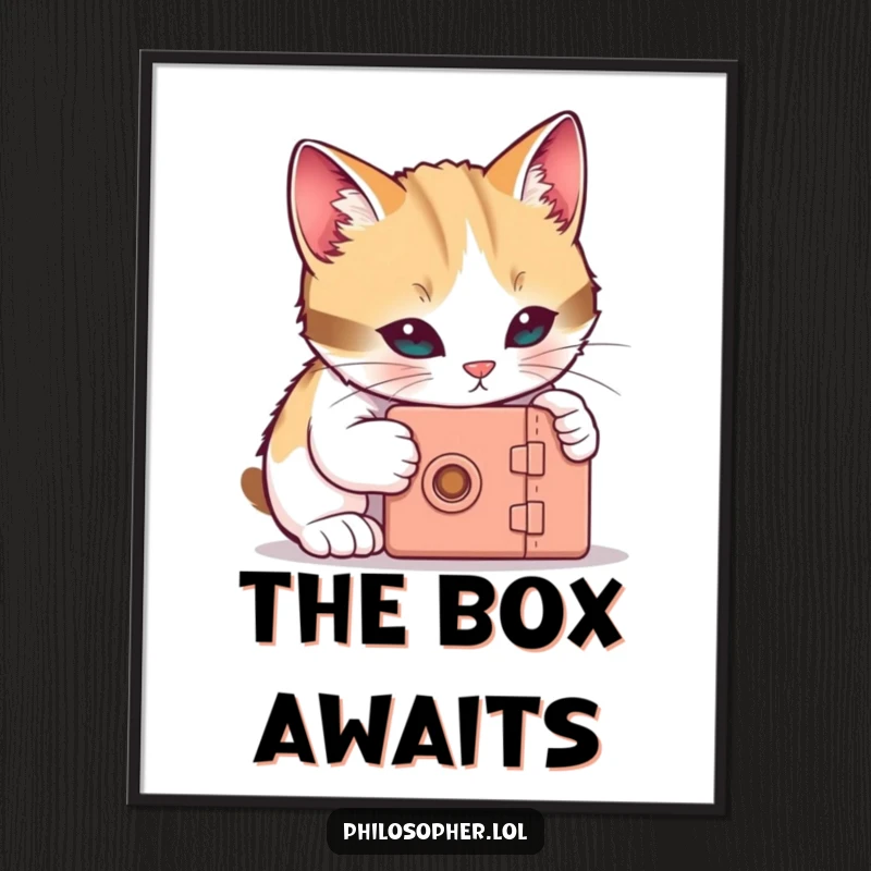 Funny cat digital art print of a curious cat trying to unlock a tiny box, a humorous and intriguing download.