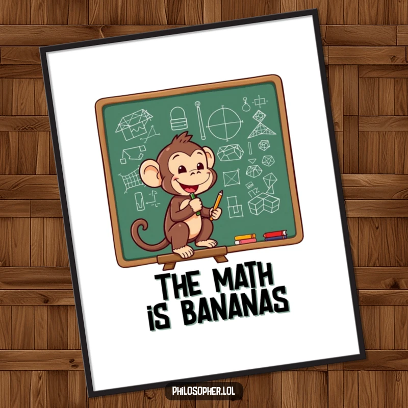 Funny digital art of a cheerful monkey sketching complex diagrams on a chalkboard, representing intelligence and creativity.