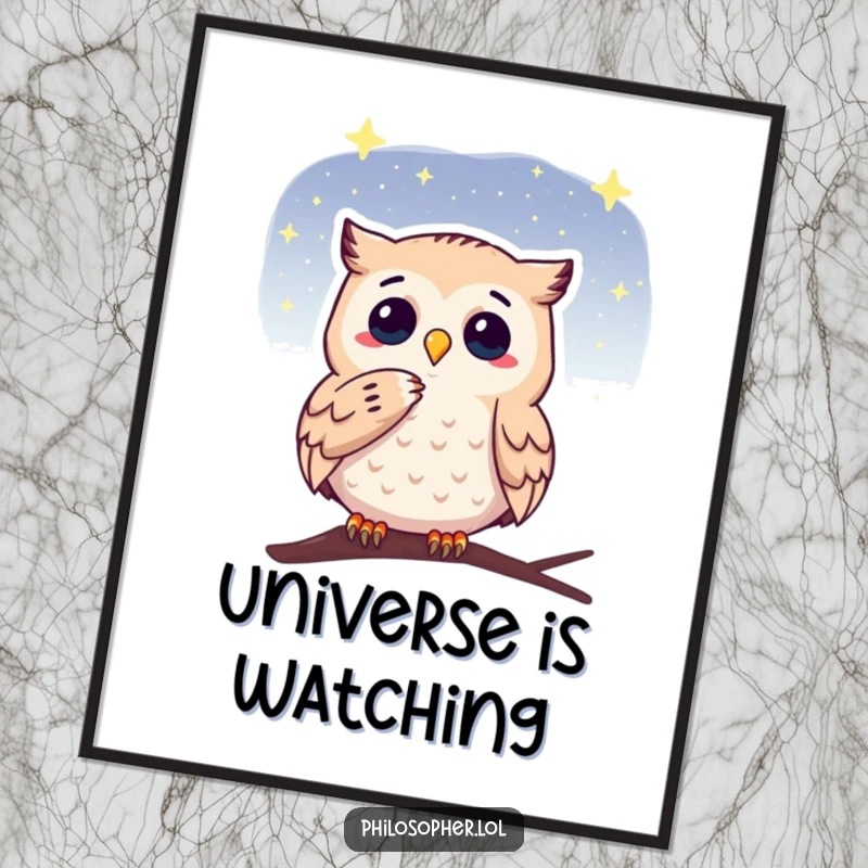 Funny digital art print of a thoughtful owl stroking its chin while gazing at a starry sky, evoking peaceful contemplation and humor.