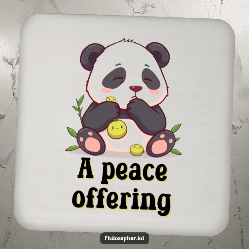 Funny drink coaster showcasing a panda deep in thought over a single pea, protecting surfaces with a humorous design.