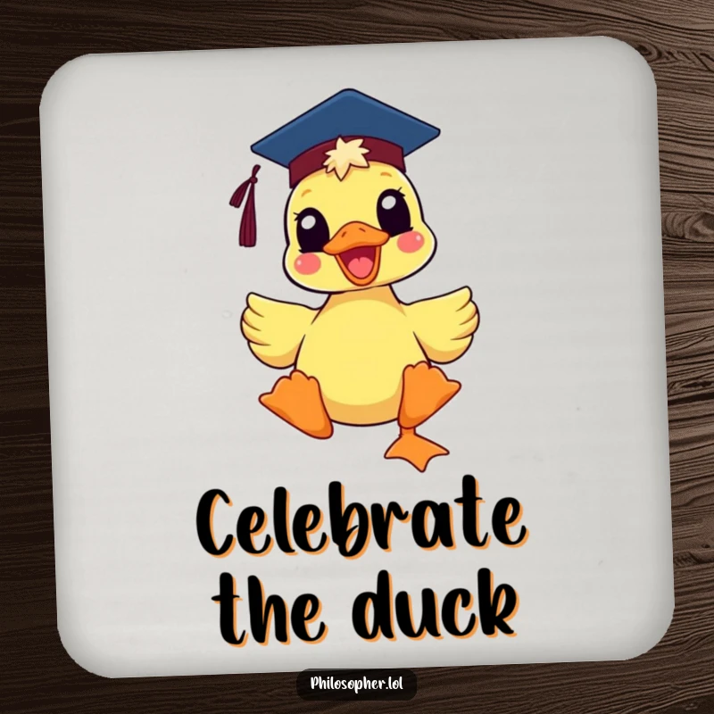 Funny delighted duck wearing a mortarboard hat, printed on a drink coaster, adding academic humor and protecting surfaces.