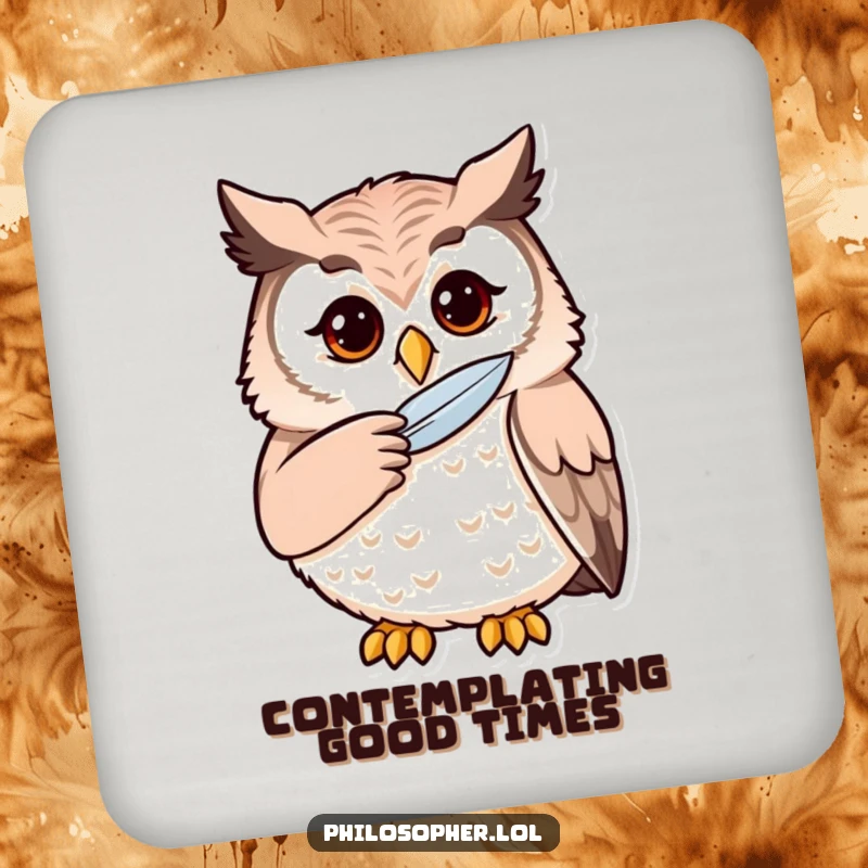 Funny owl coaster featuring a thoughtful owl stroking its chin, a humorous and practical addition to any table.