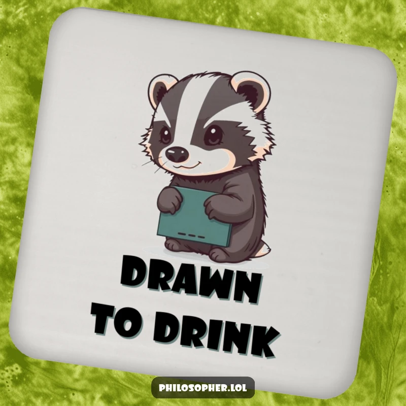 Funny drink coaster featuring a determined badger sketching on a miniature chalkboard, a humorous addition to any surface.