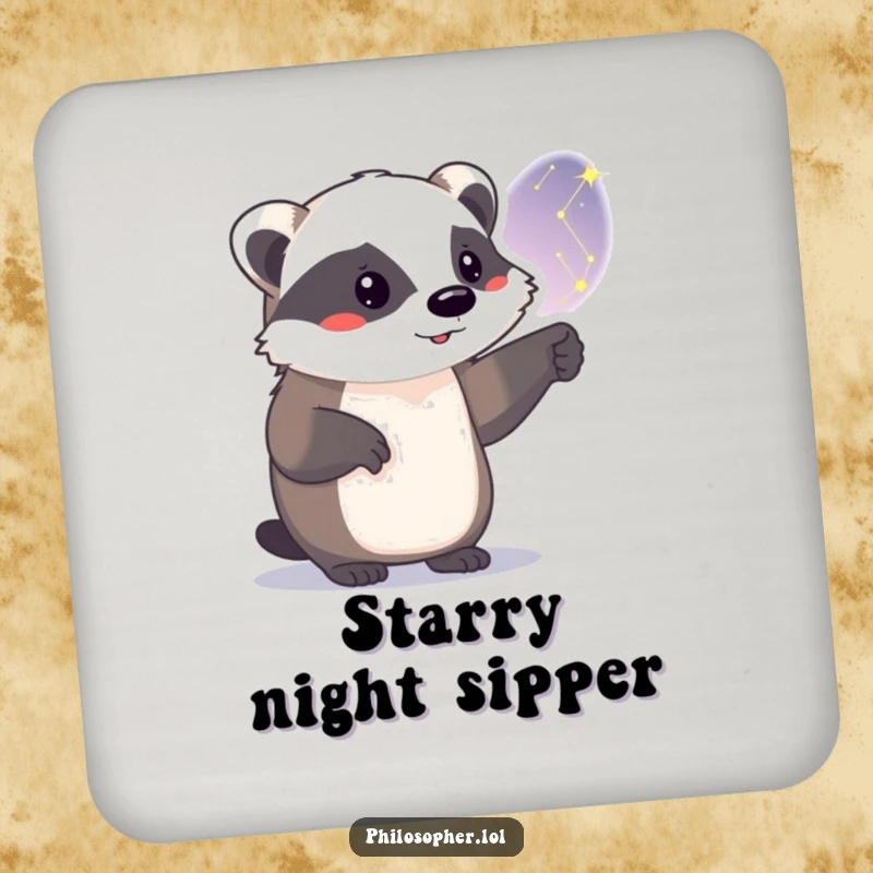 Funny badger coaster, protecting a table, proud animal pointing at constellations, humorous home accessory.
