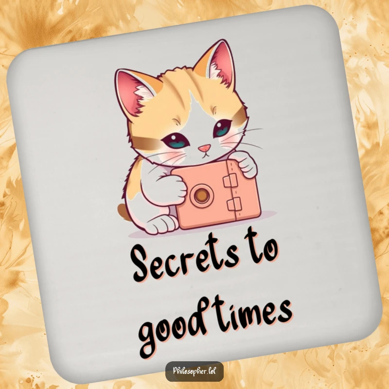 Funny cat coasters featuring a curious cat trying to unlock a tiny box, protecting surfaces with humorous charm.