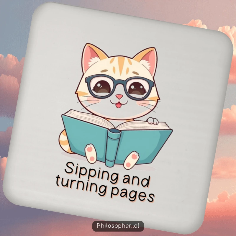 Funny coaster featuring a smiling cat wearing spectacles, reading a large book, a stylish addition to tabletops.