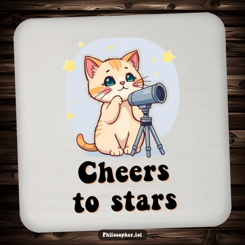 Funny drink coaster depicting a cat using a telescope to view stars, adding a touch of celestial humor to any surface.