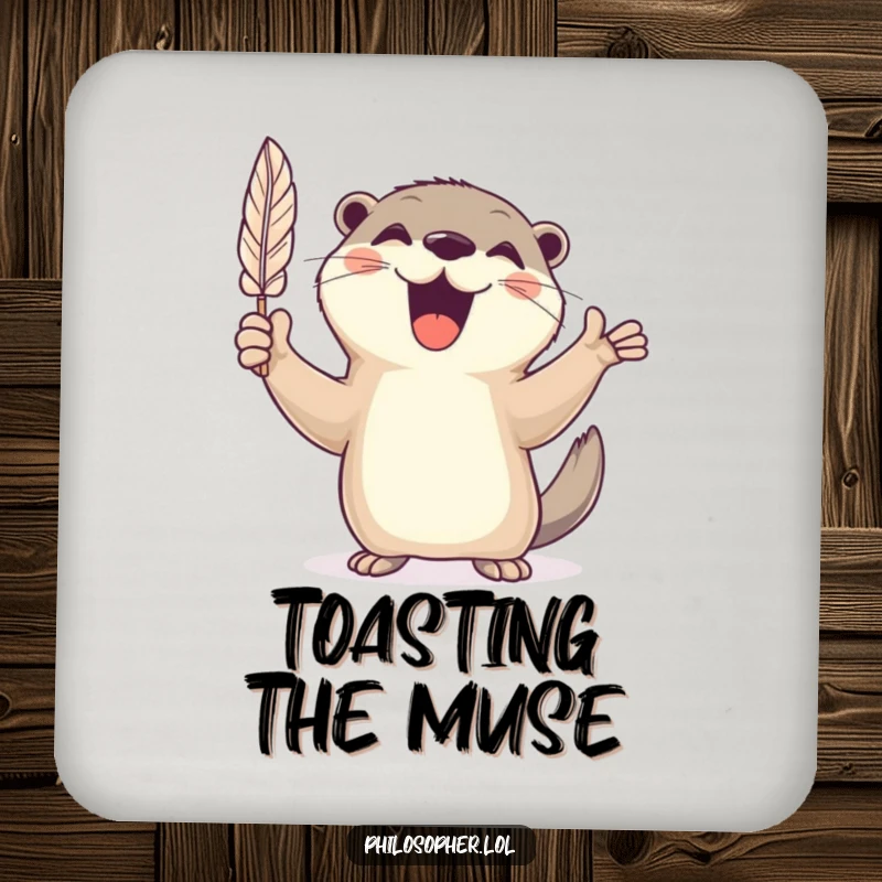 Funny drink coaster featuring a cheerful otter energetically gesturing with a feather quill, adding artistic charm.