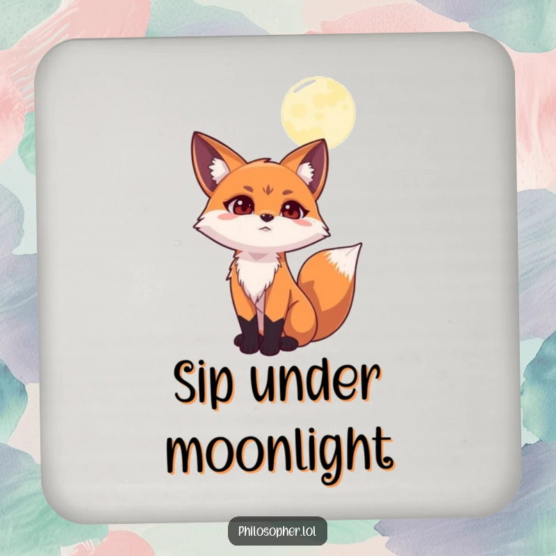 Funny drink coaster featuring a determined fox gazing at the moon, protecting surfaces with humorous, contemplative charm.