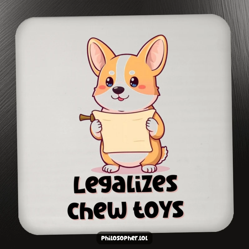 Funny corgi coaster featuring a determined corgi holding a tiny scroll, a humorous and practical home accessory.
