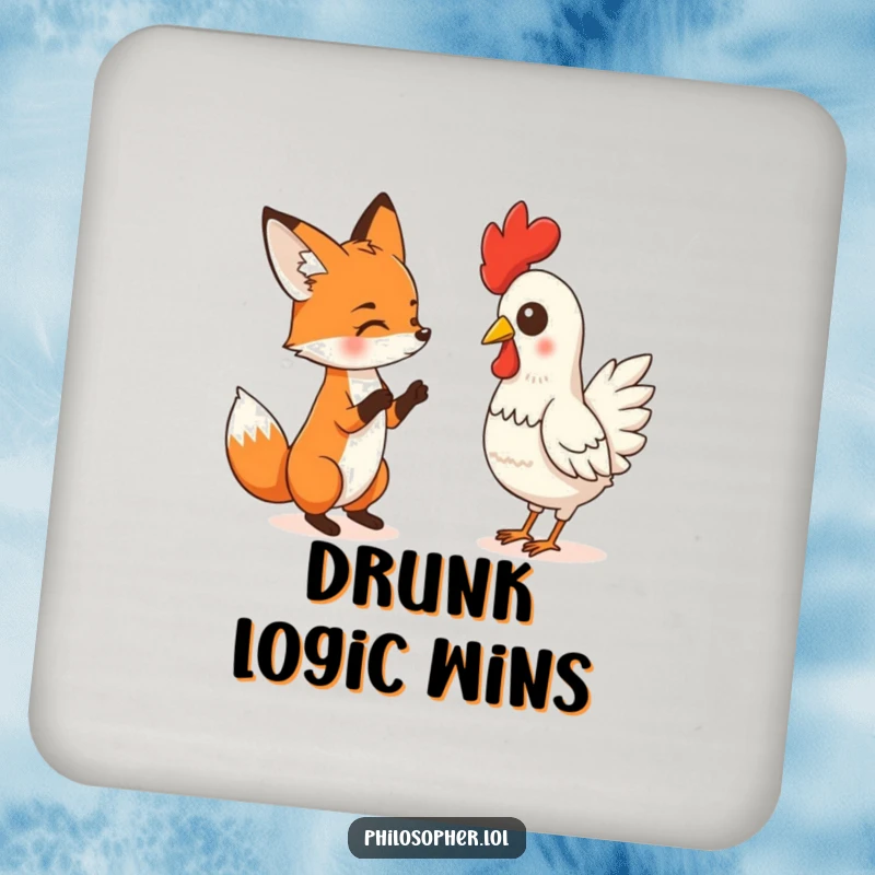 Funny drink coaster featuring a fox in a comical debate with a rubber chicken, protecting surfaces with a side of absurd, table-top humor.