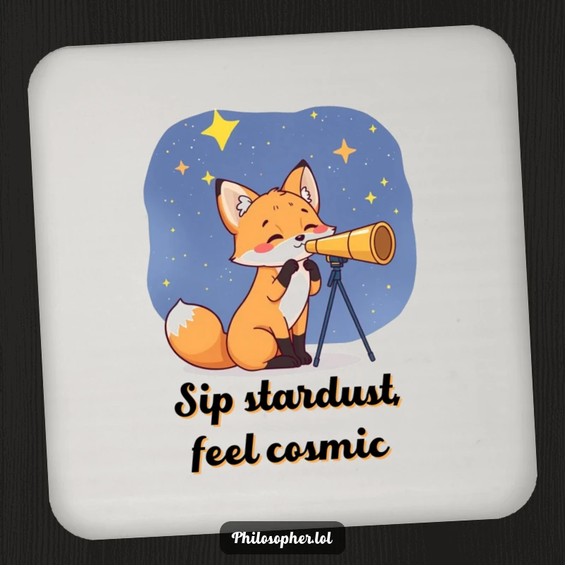 Funny Fox Coasters: A curious fox with a telescope looks at stars. These humorous coasters offer stellar protection, a funny gift.