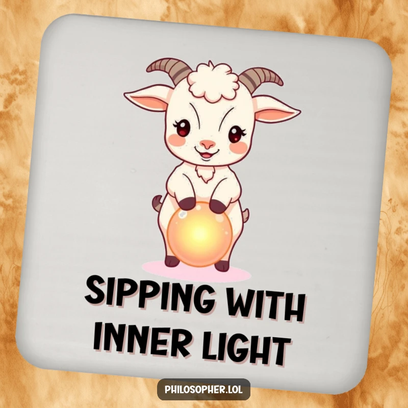 Funny coaster featuring a bouncy goat balancing a small, glowing orb, adding a touch of magic to tabletops.